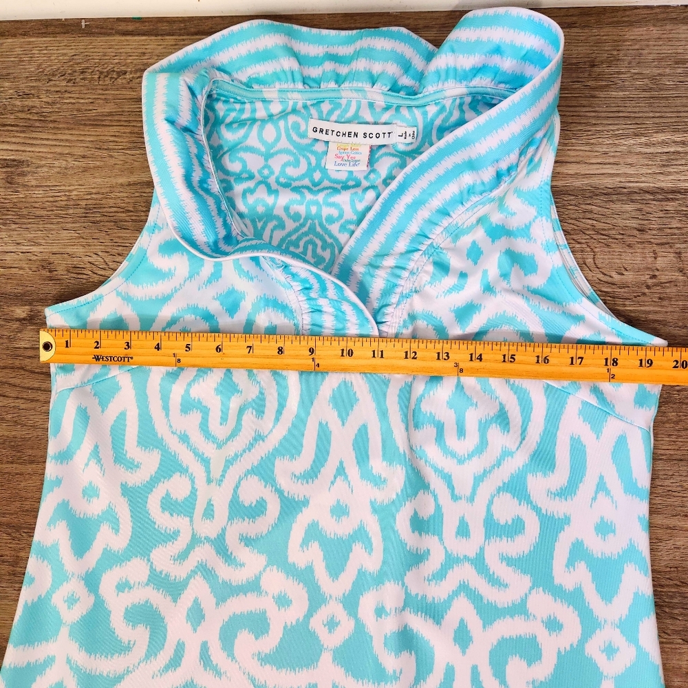 Gretchen Scott Dress Ruffle Ruffneck Sheath Turquoise Arabesque Size L Wedding - Picture 8 of 10
